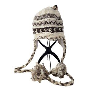 Nepal Handknit Chullo Hat Fleece Lined Wool Neutral Stripe Warm Winter One Size